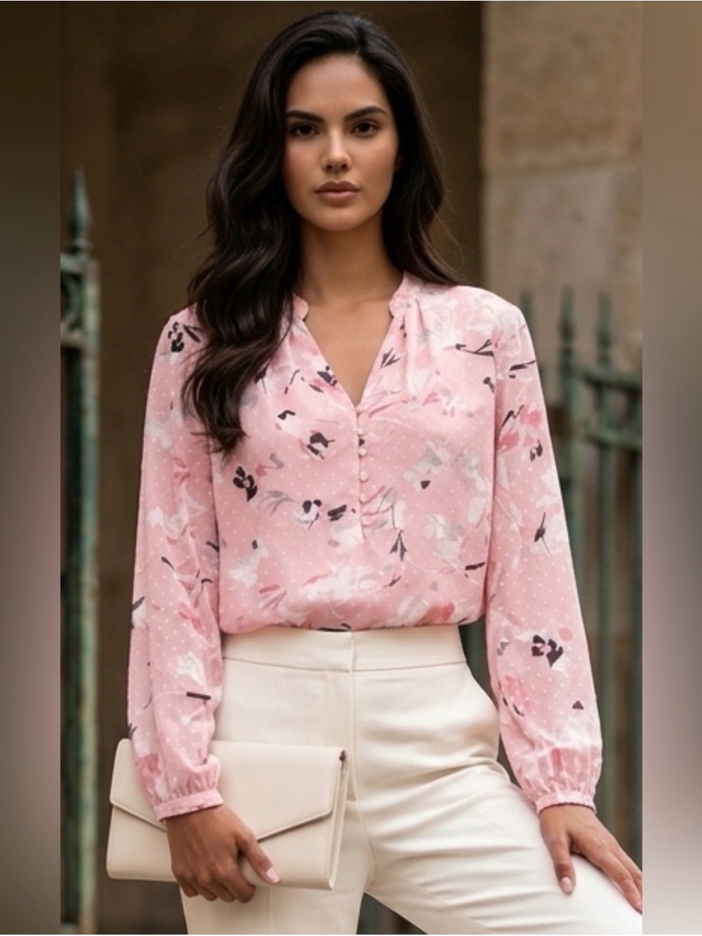 White House Black Market Light Pink Floral Button-Front Blouse